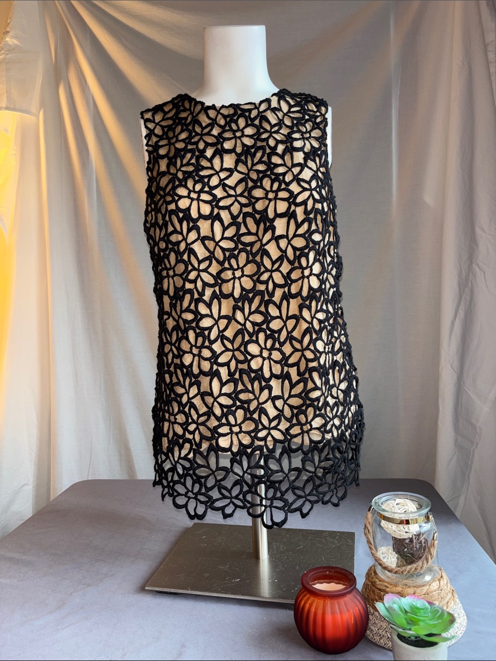 Neiman Marcus Black Floral Crochet Overlay Tunic